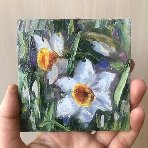 Pintura a óleo com flores, flores brancas em painel de fibra de 10 x 10 cm (4 x 4 polegadas), arte de parede, presente para casa