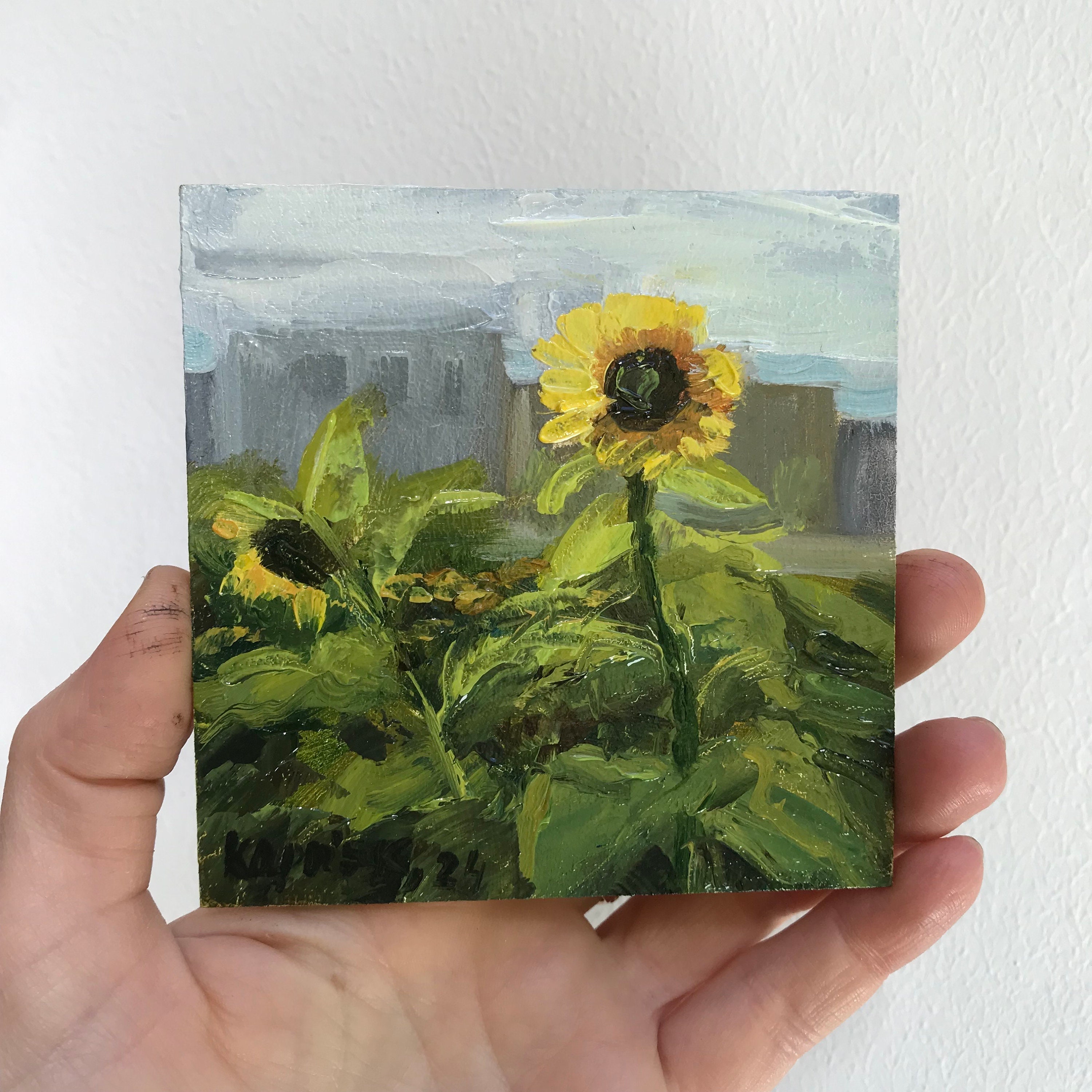 Sunflower Field Oil Painting on Fiberboard: Impressionist Landscape (3.9x3.9 in)