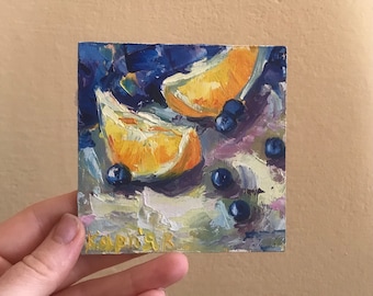 olieverfschilderij met sinaasappel en bessen, stilleven met sinaasappels op vezelplaat 10x10 cm, kunst aan de muur, cadeau