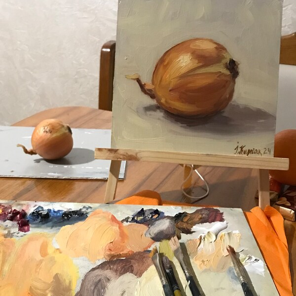 Oil painting, still life painting, onion painting, still life oil painting, 20x20 cm fiberboard painting, wall art