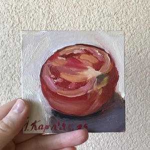 Pintura al óleo tomate, bodegón sobre cartón 10 x 10 cm (3,9 x 3,9 pulgadas), pintura para regalo, arte de pared, tomate, regalo