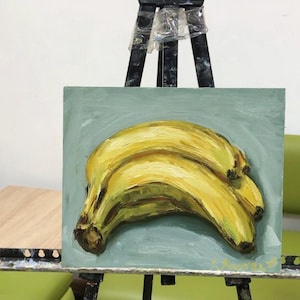 Banana Still Life Oil Painting on Fiberboard - Handmade Kitchen Art