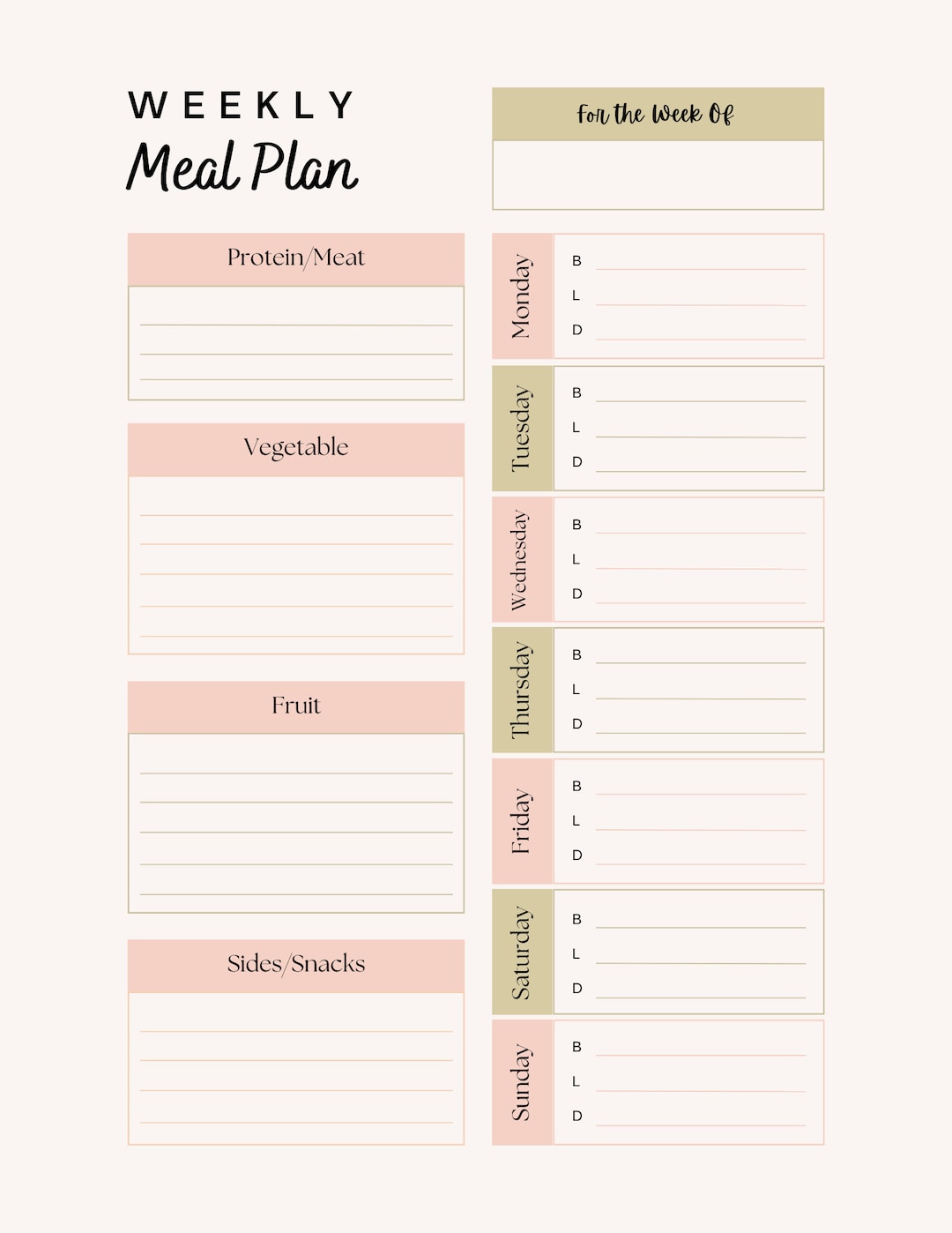Printable Rose Gold Weekly Meal Plan, Printable Digital Download ...