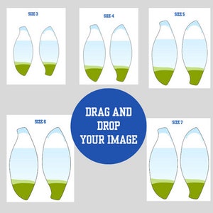 May include: A graphic showing different sizes of blank white outlines of a leaf shape with a blue and green fill. The text "DRAG AND DROP YOUR IMAGE" is in a blue circle.