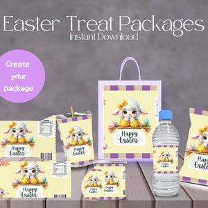 May include: Printable Easter treat bag designs featuring cute cartoon lambs with the text "Happy Easter". The designs are perfect for packaging small treats or gifts for an Easter celebration.