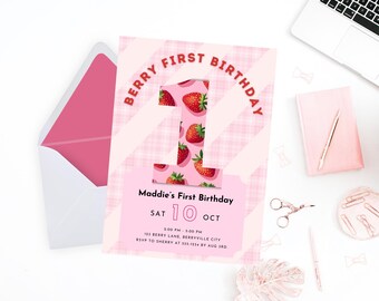 ベリーの1歳の誕生日の招待状、ベリーの1歳の誕生日、ベリーの1歳の誕生日、1歳の誕生日の招待状、ベリーの1歳の誕生日の招待状、編集可能