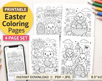 子供向けイースターぬり絵 | 印刷可能なイースターぬり絵 | 4ページのイースターアクティビティセット | ウサギと卵のぬり絵 | 今すぐダウンロード
