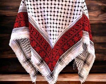 Embroidered Keffiyeh Scarf, Palestine Tatreez Fabric, Handmade Heritage Shwal