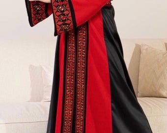 Hand-Embroidered Palestinian Tatreez Abaya, Red Black Fallahi Thobe, Wedding Dress Fabric