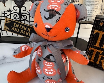 Handmade Halloween Teddy Bear, Pumpkin Print, 8 inch