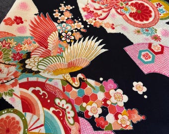 Kyoto Yuzen Rayon Crepe Fabric: Cranes, Fans, and Florals
