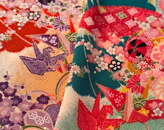 Kyoto Yuzen Rayon Crepe Fabric, Kimono Material, Cranes & Floral