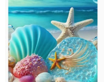 Diamond Art Painting Kit, DIY Full ROUND Drill Bead, 11.8” x 15.7” Canvas, STARFISH and Seashells on the Beach, Ocean Home Wall Art Decor
