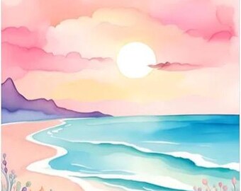 Diamond Painting Kit, DIY Full ROUND Drill Bead 11.8” x 15.7” Canvas BEACH w/ Sun Pretty Clouds & Flowers, Pastel Beach Ocean Decor