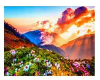 Diamond Art Painting Kit, DIY Full ROUND Drill Bead, 15.7” x 11.8” Canvas, MOUNTAINS w/ Flowers, Sunrise, & Clouds, Landscape Scenery Art