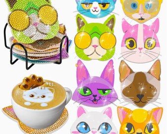 Coasters, Diamond Painting Kit DIY Full ROUND Rhinestone's, Set of 8 coasters CATS Super Cute Pic does Not do Justice, PreCut Cork