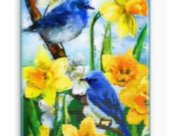 Diamond Art Painting Kit, DIY Full ROUND Drill Bead, 11.8” x 15.7” (aka 12x16) Canvas, Cute Blue and White BIRDS w/ Yellow Flowers Outside
