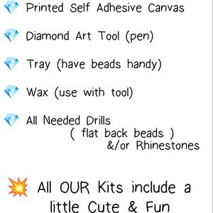 K&ouml;nnte beinhalten: Eine Grafik, die den Inhalt eines DIY-Diamant-Kunst-Kits auflistet. Enth&auml;lt eine bedruckte, selbstklebende Leinwand, ein Diamant-Kunstwerkzeug, eine Schale, Wachs und alle ben&ouml;tigten Bohrer sowie ein kostenloses Geschenk.