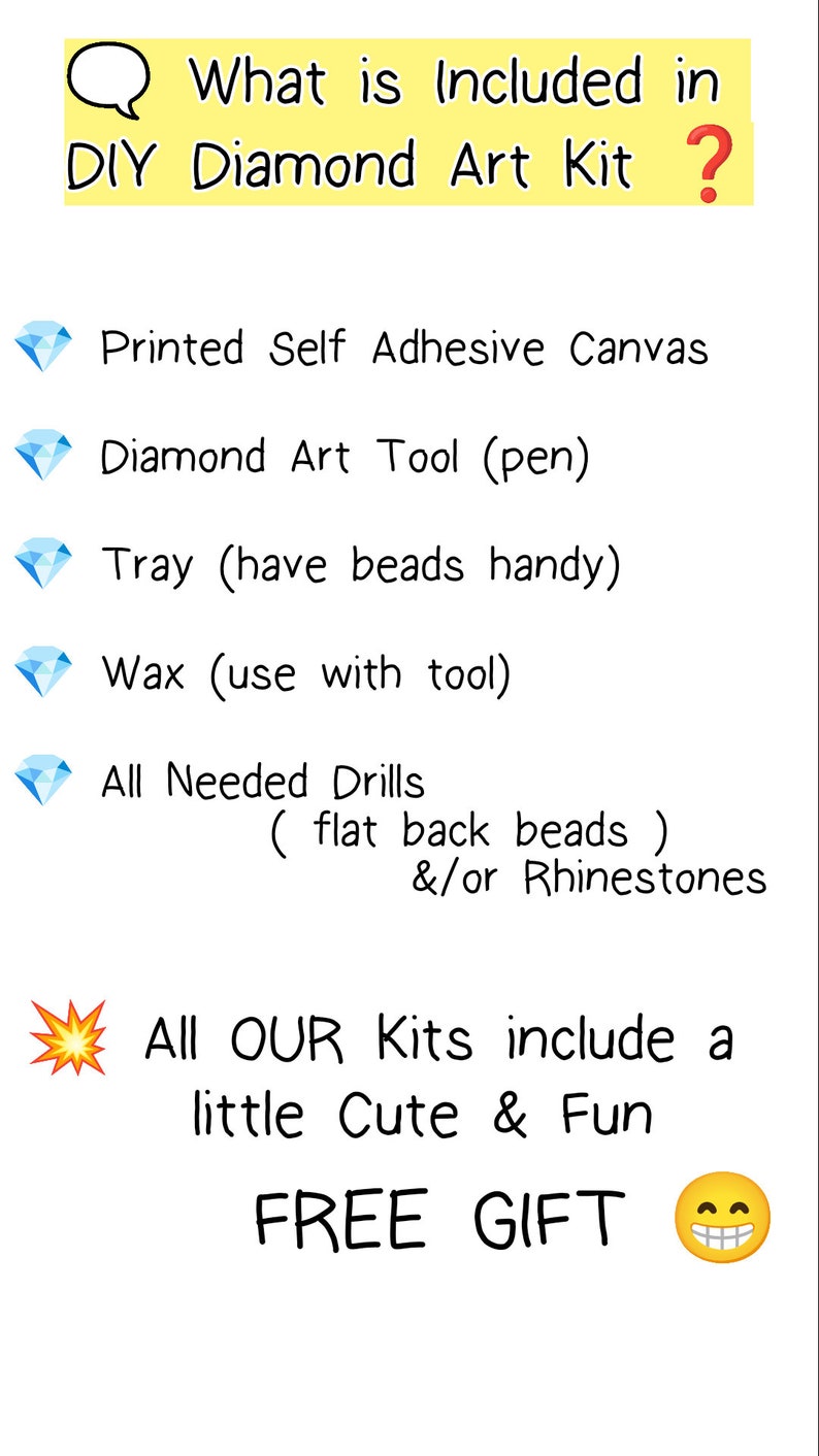 K&ouml;nnte beinhalten: Eine Grafik, die den Inhalt eines DIY-Diamant-Kunst-Kits auflistet. Enth&auml;lt eine bedruckte, selbstklebende Leinwand, ein Diamant-Kunstwerkzeug, eine Schale, Wachs und alle ben&ouml;tigten Bohrer sowie ein kostenloses Geschenk.