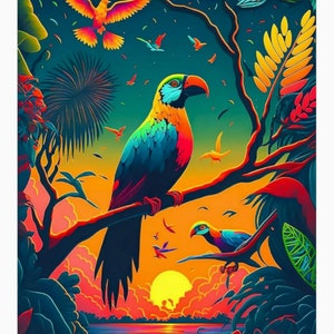 May include: A vibrant digital illustration of a tropical scene with a large parrot perched on a branch. The parrot is blue, green, yellow, and orange. The background features a sunset over a body of water with lush green foliage.