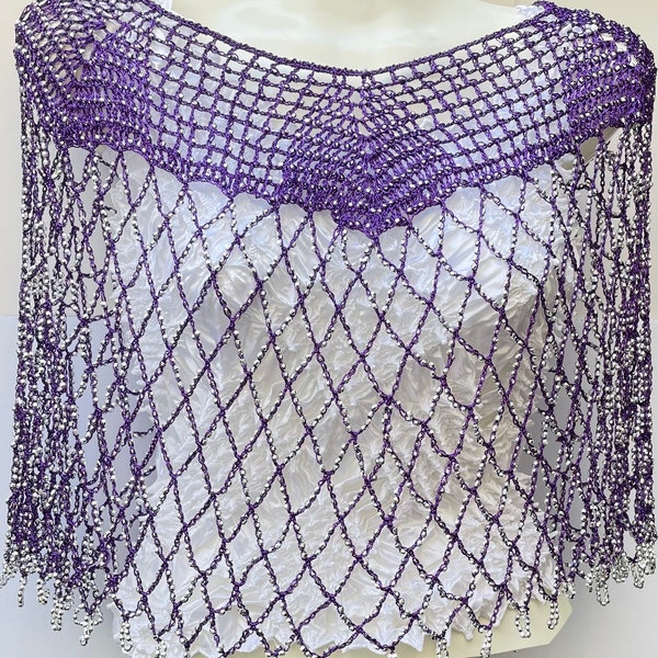 One Size Fits MOST Purple Handmade Beaded PONCHO w/ Silver Colored Beads, Shoulder Body Jewelry, Beaded Cape, Elegant Special Occassion wear