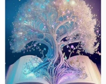 May include: A glowing, iridescent tree grows from the pages of an open book. The tree has a white trunk and branches with purple and blue highlights. The book is on a dark blue background with scattered leaves.