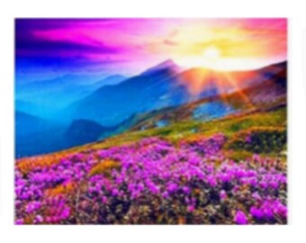 Diamond Art Painting Kit, DIY Full ROUND Drill Bead, 15.7” x 11.8” Canvas, MOUNTAINS w/ Purple Flowers, Pretty Sunset Scenery, Nature Art