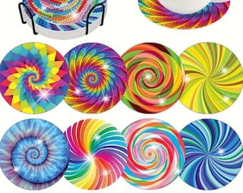 Tye Dye Coasters, Diamond Art Painting Kit DIY Full ROUND Rhinestone's, Set of 8 coasters, Pic does Not do Justice, NO Cork Treated Wood