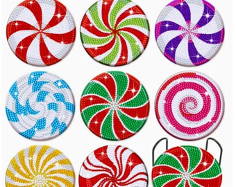 Candy Coasters, Diamond Art Painting Kit DIY Full ROUND Rhinestone's, Set of 8 coasters, Peppermint, Lollipop Swirls, NO Cork Treated Wood