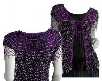 Fits MOST Small & Medium Sizes, Handmade Purple Beaded CARDIGAN w/ Silver Colored Beads, Classy or Dressy Cardigan for Women