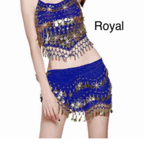 Royal Blue Belly Dancer Set, Top Flat Gold Disk + Gold & Colorful Beads, Bottom Skirt Flat Gold Faux Coin + Gold Beads, Fits UP to XL