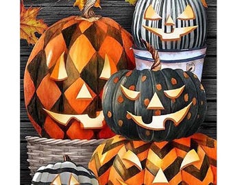 Diamond Art Painting Kit, DIY Full ROUND Drill Bead, 9.8” x 13.7” Canvas FALL ! Spooky Festive Halloween Pumpkins w/ Faces & Pattern Designs