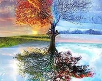 Diamond Art Painting Kit, DIY Full ROUND Drill Bead, 11.8” x 11.8” (aka 12x12) Canvas, Four SEASONS Tree Art, Nature Home Art Decor