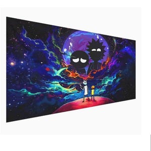 May include: A psychedelic space scene with two cartoon characters standing on a red planet. The characters are silhouetted against a large, purple and blue moon. The background is a dark blue and purple galaxy with swirling clouds and stars.