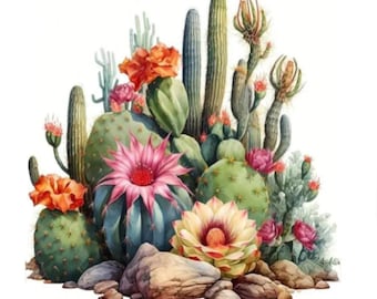 Diamond Painting Kit, DIY Full ROUND Drill Bead 13.7” x 13.7” Canvas CACTUS Succulent Plants w/ Gorgeous Flowers & Rocks, Pic not Justice
