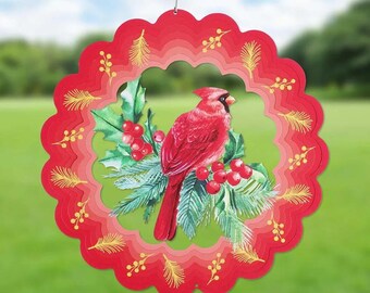 Outdoor Wind Spinner, 12 x 12" Pretty Red CARDINALS w/ Berries, Double-Sided Print, Metal Bird Nature Yard Art, Hanging Patio Porch Decor