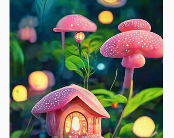 May include: A whimsical fairy house made of a pink mushroom with white spots, surrounded by glowing lights and other pink mushrooms in a lush green forest.