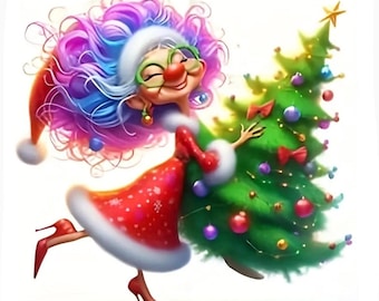 Diamond Art Painting Kit, DIY Full ROUND Drill Bead, 11.8” x 11.8” (aka 12x12) Canvas, Fun Lady w/ Colorful Hair & Holding Christmas Tree