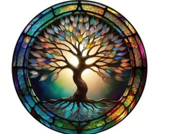Diamond Art Painting Kit, DIY Full ROUND Drill Bead, 13.7”x 13.7” Canvas, Tree of LIFE Mosaic Stained Glass Art, Home Wall Art Decor