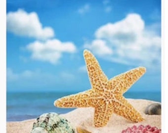 Diamond Art Painting Kit, DIY Full ROUND Drill Bead, 11.8” x 11.8” (aka 12x12) Canvas, STARFISH on the Beach, Ocean Home Wall Art Decor