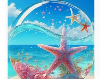 Diamond Art Painting Kit, DIY Full ROUND Drill Bead, 11.8” x 15.7” Canvas, STARFISH in a Bubble on the Beach, Ocean Home Wall Art Decor
