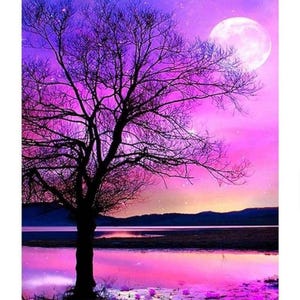 May include: A silhouette of a bare tree stands in front of a lake with a full moon in the sky. The sky is a vibrant purple and pink with stars. The lake reflects the colors of the sky and moon.