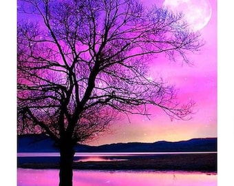 May include: A silhouette of a bare tree stands in front of a lake with a full moon in the sky. The sky is a vibrant purple and pink with stars. The lake reflects the colors of the sky and moon.