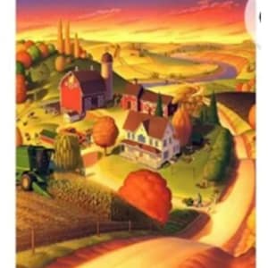 May include: A painting of a rural landscape with a red barn, a white farmhouse, and a winding road. The scene is set at sunset, with a golden sky and rolling hills.