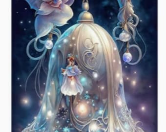 Diamond Art Painting Kit, DIY Full ROUND Drill Bead, 11.8” x 15.7” Canvas, BELL w/ Pretty Fairy & Flower, 5D Diamond Art Kit for Adults