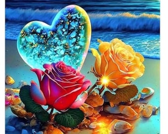 Diamond Art Painting Kit, DIY Full ROUND Drill Bead, 11.8” x 15.7” Canvas, Bubble Heart on BEACH w/ Pink & Yellow Flower, Ocean Home Decor