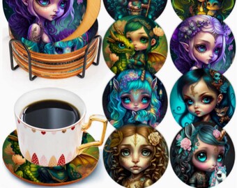 Fairy Elf Coasters, Diamond Art Painting Kit DIY Full ROUND Rhinestone's, Set of 8 Coasters, Pretty Girl Designs, self adhesive Round Cork !