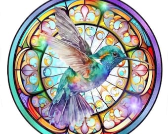 Diamond Art Painting Kit, DIY Full ROUND Drill Bead, 13.7” x 13.7” Canvas, COLORFUL Mosaic Hummingbird, Pretty Stained Glass Nature Bird Art
