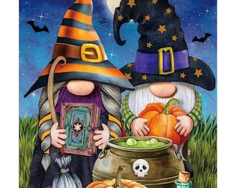 Diamond Art Painting Kit, DIY Full ROUND Drill Bead, 9.8” x 13.7” Canvas FALL ! Halloween Witch Gnomes w/ Pumpkins, Potions, & Bats Last One
