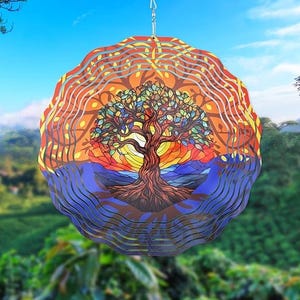 Outdoor Wind Spinner, 12 x 12&quot; Pretty Tree of LIFE w/ Sun & Mountains, Double-Sided Print, Metal Garden Yard Art, Hanging Patio Porch Decor